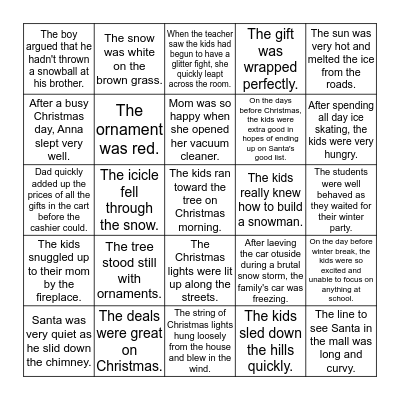 Holiday Metaphors and Simile's Bingo Card