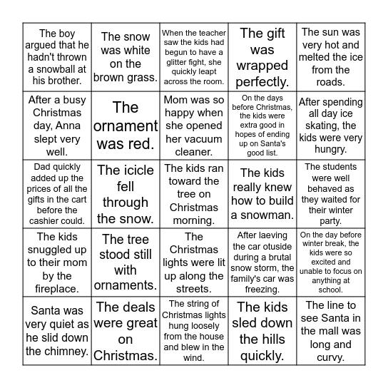 Holiday Metaphors and Simile's Bingo Card