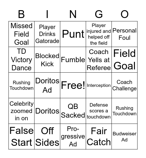 Super Bowl Liii (2019) Bingo Card