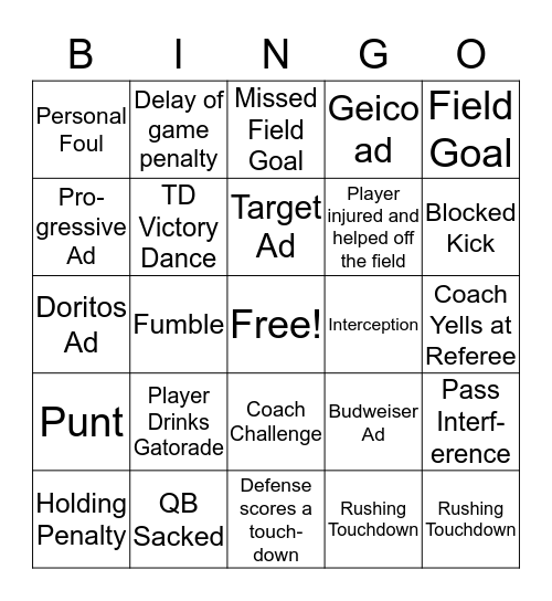 Super Bowl Liii (2019) Bingo Card