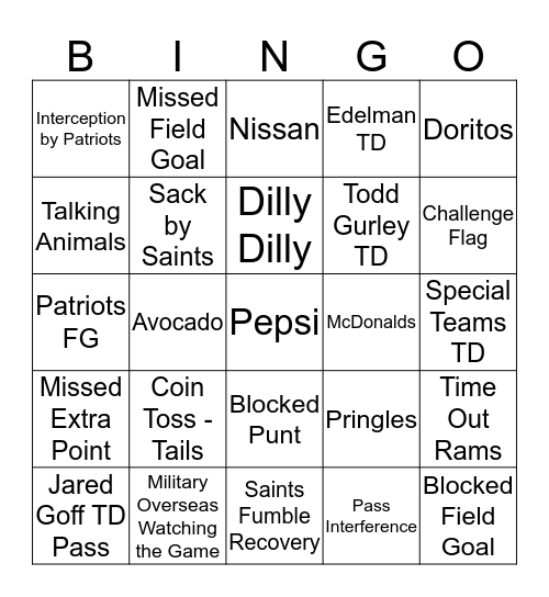 Super Bowl LIII Bingo Card