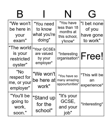 School World of Work Bingo Card