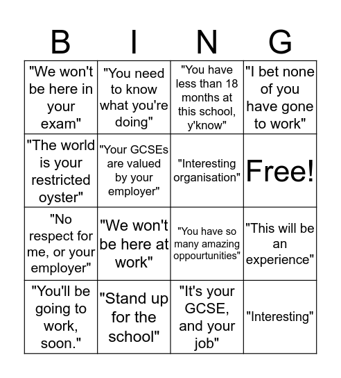 School World of Work Bingo Card