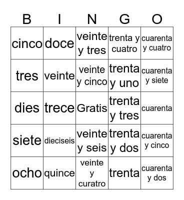 Numeros en Español Bingo Card