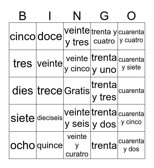 Numeros en Español Bingo Card