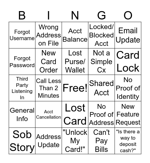 Simple Cx Support Bingo Card