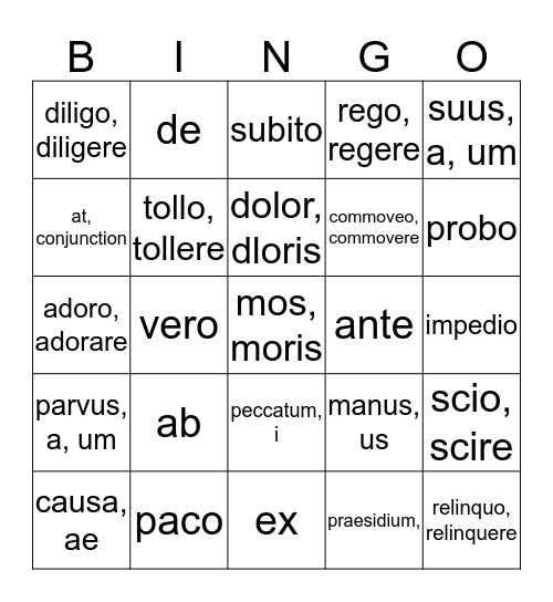 Latin: Lesson 27-30 Bingo Card