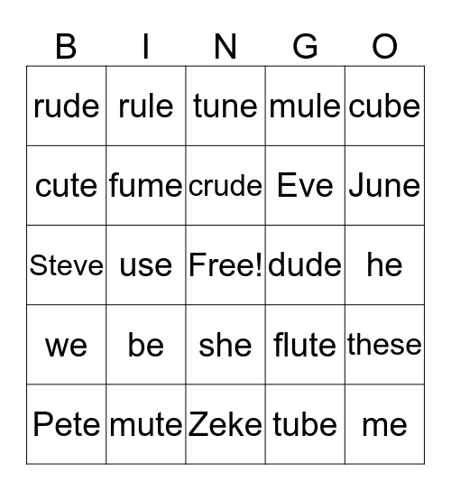 1st Long u (CVCe) and Long e (CVCe, CV) Bingo Card