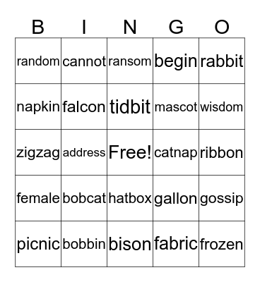 multisyllabic Bingo Card