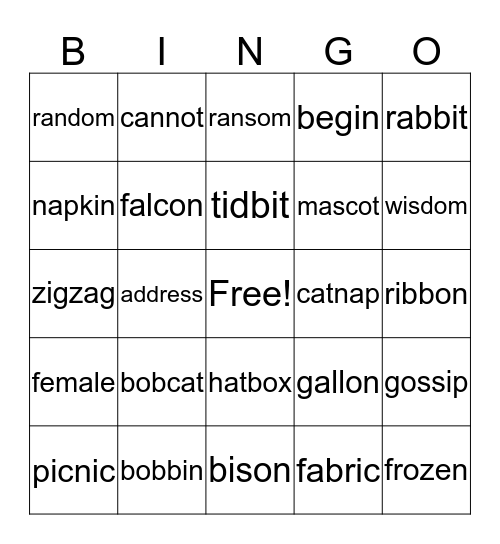 multisyllabic Bingo Card