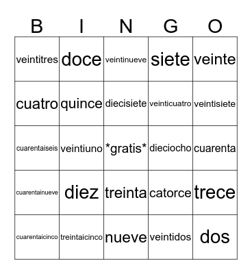 Numeros en Español Bingo Card