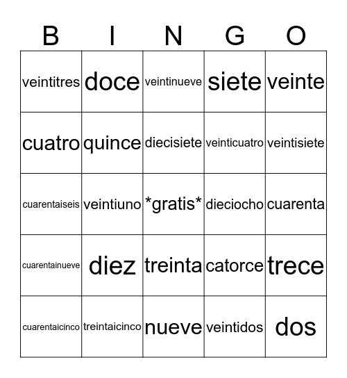 Numeros en Español Bingo Card
