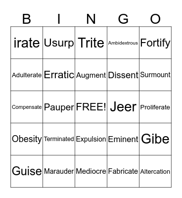 Vocabulary Bingo Card