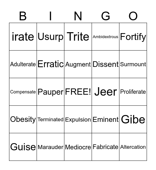 Vocabulary Bingo Card