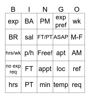 Life Skills Abbreviations Bingo Card