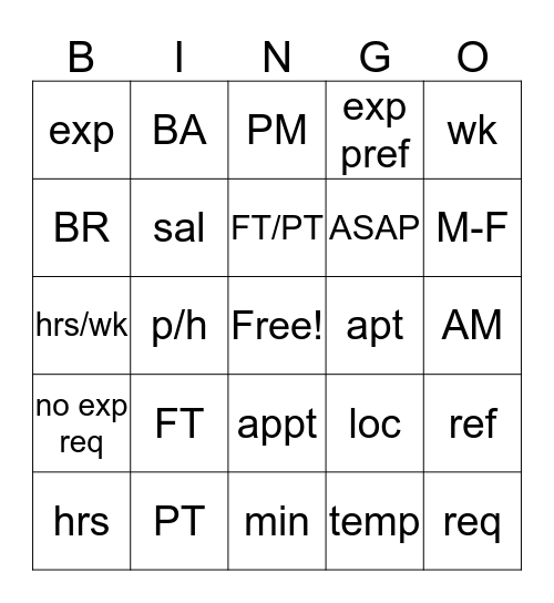 Life Skills Abbreviations Bingo Card
