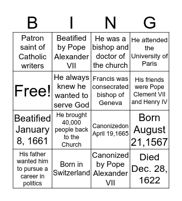St. Francis de Sales Bingo Card