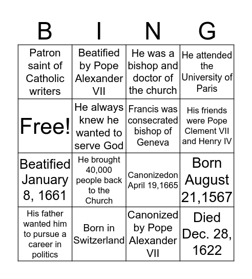 St. Francis de Sales Bingo Card