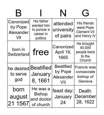 Francis de Sales Bingo Card