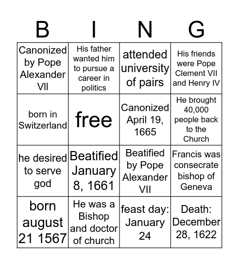 Francis de Sales Bingo Card