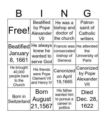 St. Francis de Sales Bingo Card
