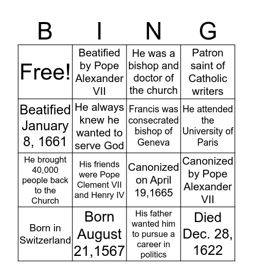 St. Francis de Sales Bingo Card