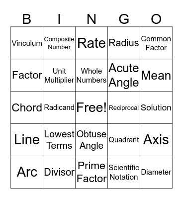 Math Bingo Card