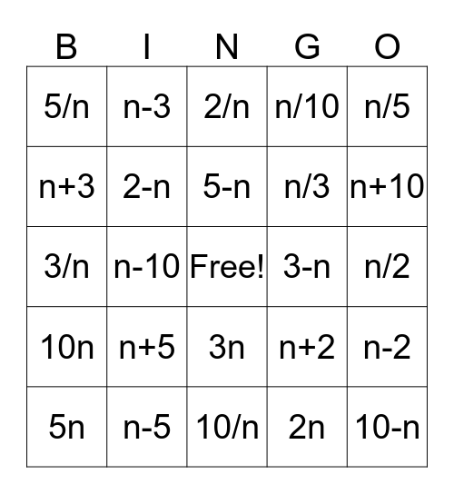 Algebraic Expressions Bingo Card