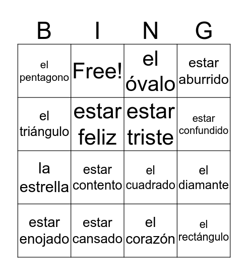 Las formas y los sentimientos Bingo Card