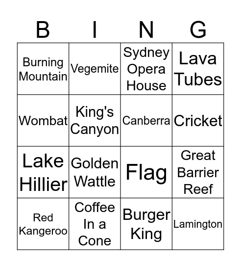 Australian Bingo Card