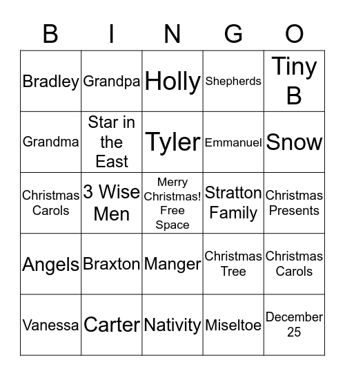 2013 Stratton Family Christmas Bingo Card
