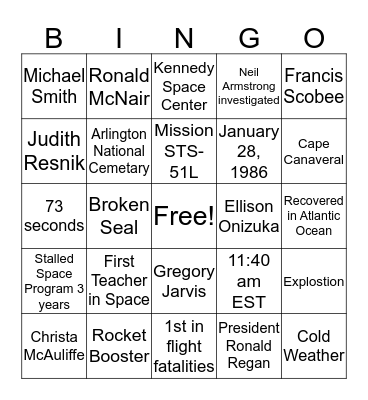 Challenger Disaster Bingo Card