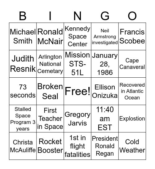 Challenger Disaster Bingo Card