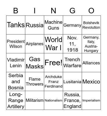 World War I  Bingo Card
