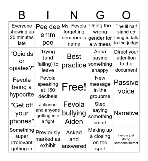 Mock Trial 2k19 Bingo Card