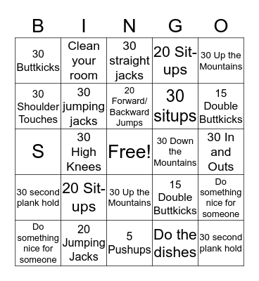 Fitness Bingo Card
