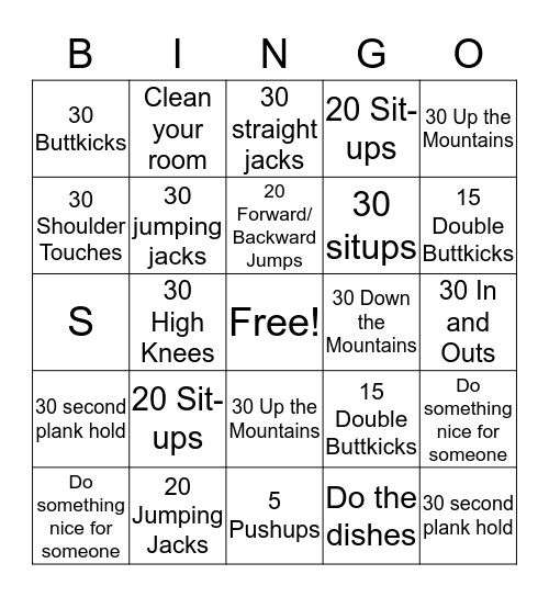 Fitness Bingo Card