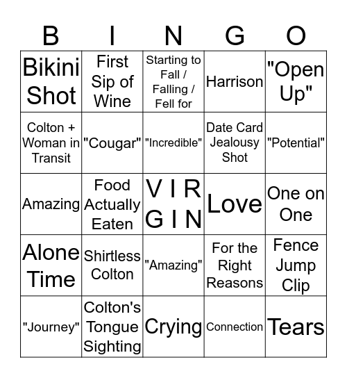 Colton Bachelor Bingo Card