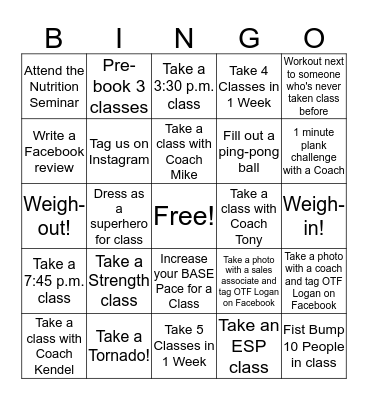 OTF Transformation Challenge  2019 Bingo Card