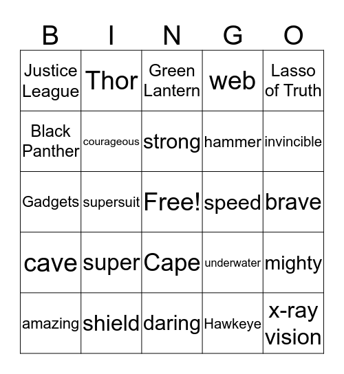 Super Hero Bingo Card