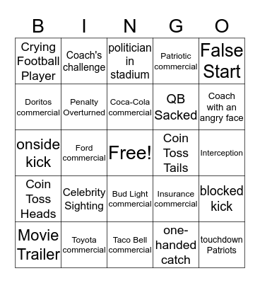 Super Bowl  Bingo Card