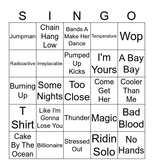 Singo Game 1 Bingo Card