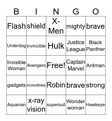 Super Hero Bingo Card