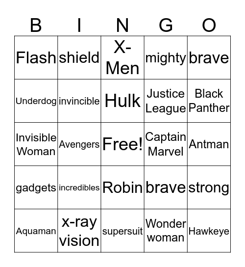 Super Hero Bingo Card