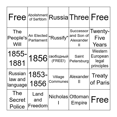 Russia Bingo Card