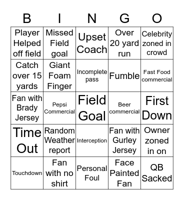 Super Bowl 2019 Bingo Card