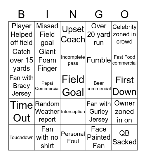 Super Bowl 2019 Bingo Card