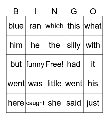 Sight Word Bingo Card