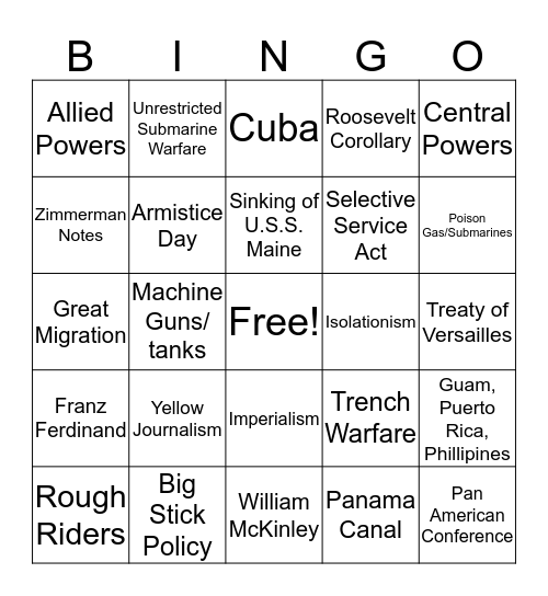 Spanish American Warl/World War I Bingo Card