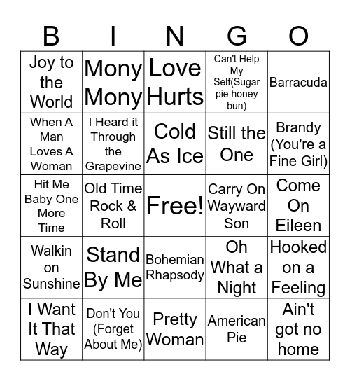 60's,70's,80's,90's Bingo Card